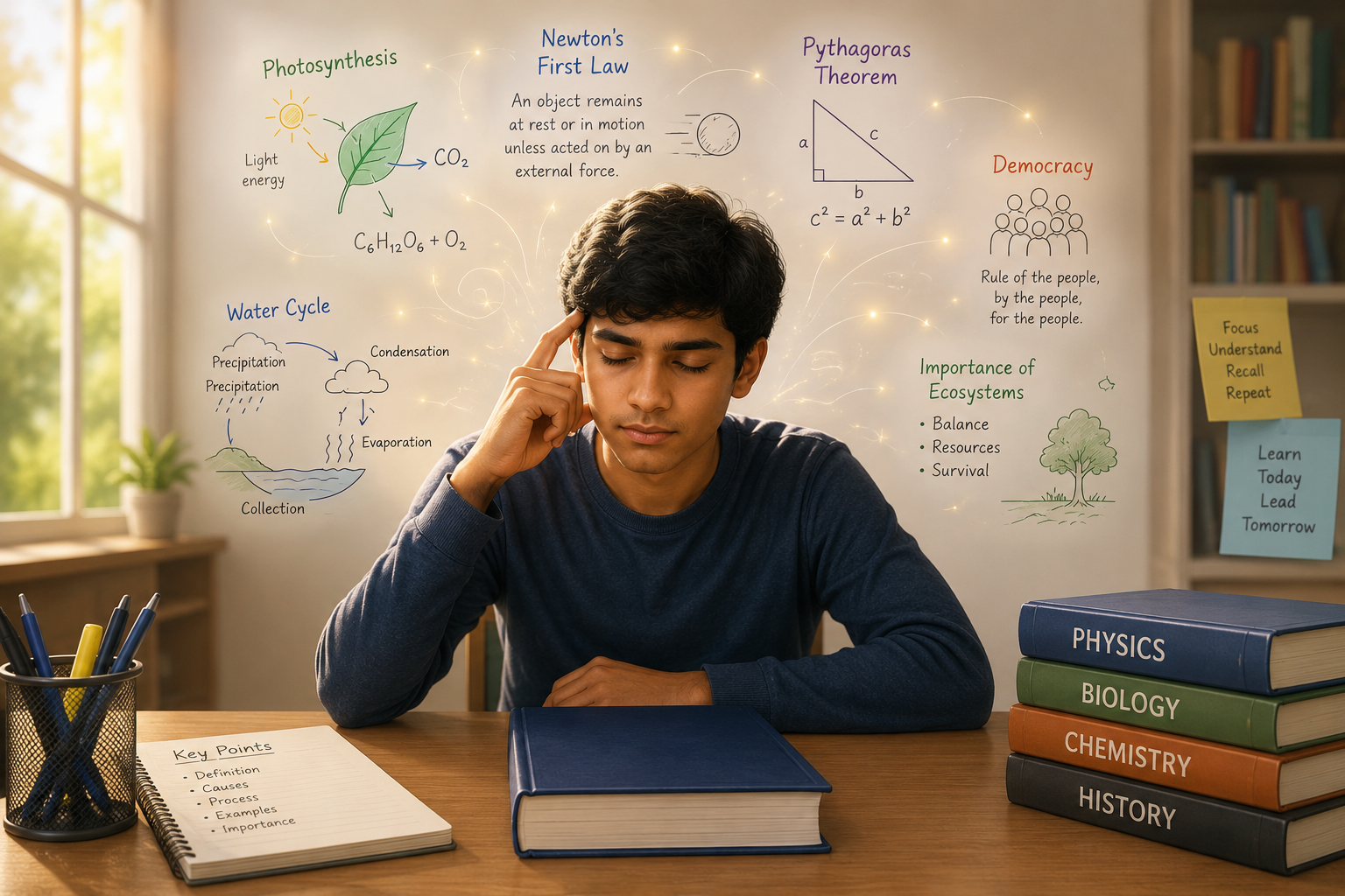 A student recalling lessons from memory after closing a textbook.