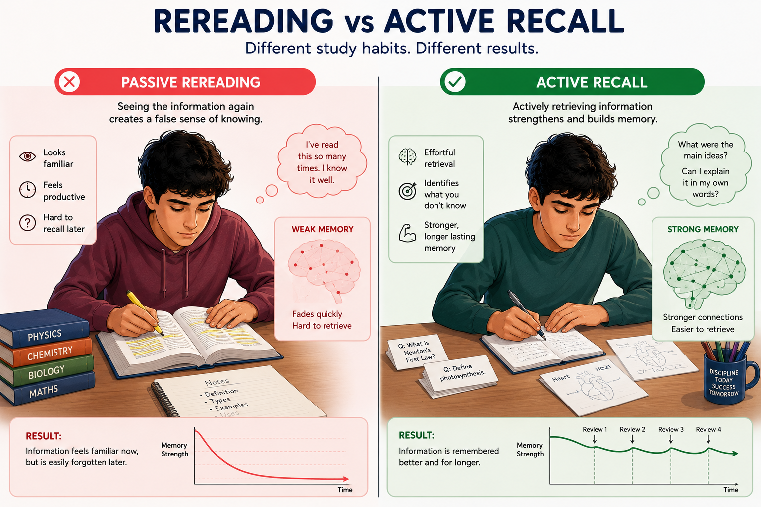 Comparison between passive rereading and active recall using questions and closed-book practice.