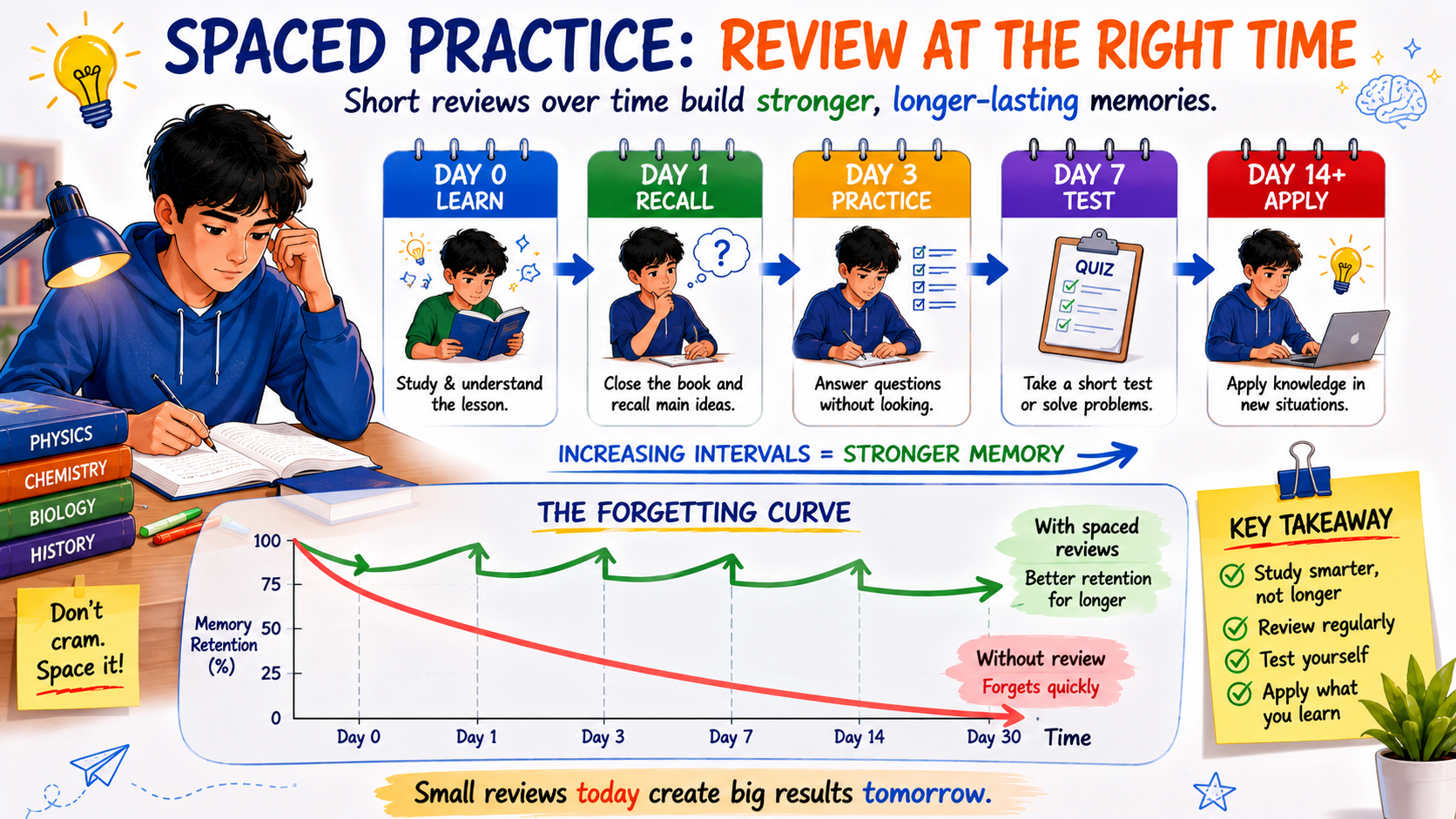 Spaced-review timeline showing study sessions on days zero, one, three, seven and fourteen.