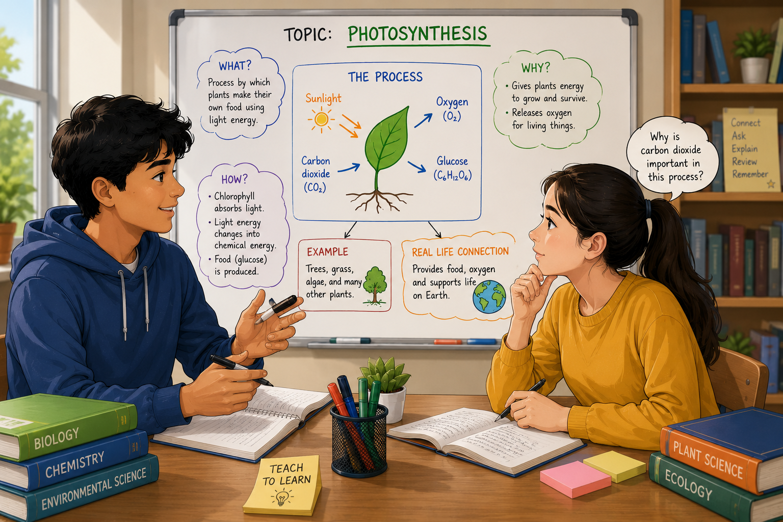 A student teaching a classmate using examples, questions and a concept diagram.